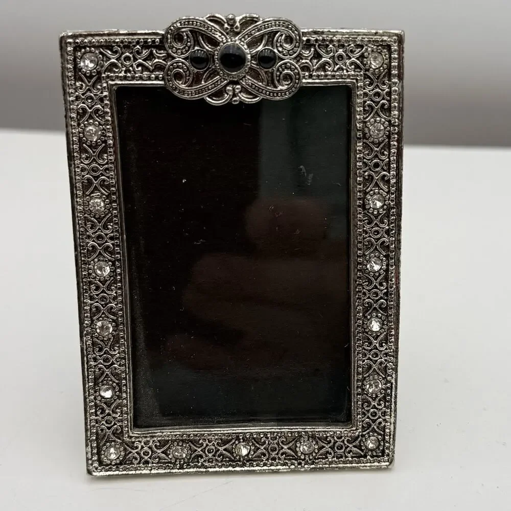 Vtg Silver Tone Small Picture Frame 2.5” x 3” Scrollwork Rhinestone Art Deco EUC